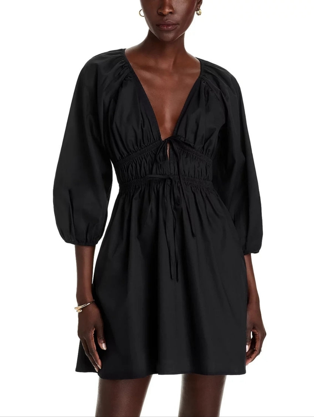 NWT WAYF LEIGHTON TIE FRONT SMOCKED DRESS, BLACK ,SIZE LARGE